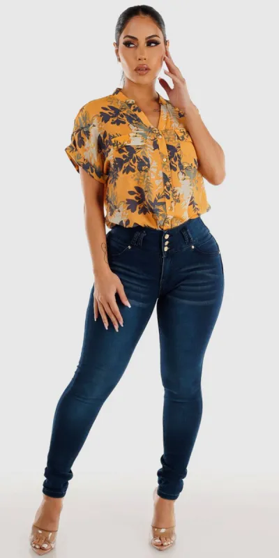 Dark Blue Butt Lifting Skinny Jeans with Short Sleeve Floral Button Up Mustard Shirt sold by Moda