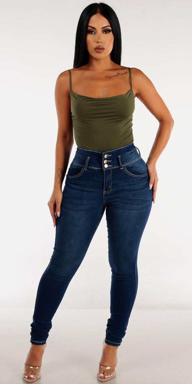 Super High Rise Blue Butt Lifting Skinny Jeans with Sleeveless Olive Thong Bodysuit sold by Moda product image thumbnail 2