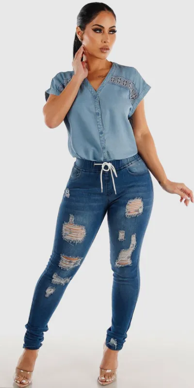 Distressed Drawstring Waist Skinny Jeans with Vneck Button Up Denim Blouse made by Moda
