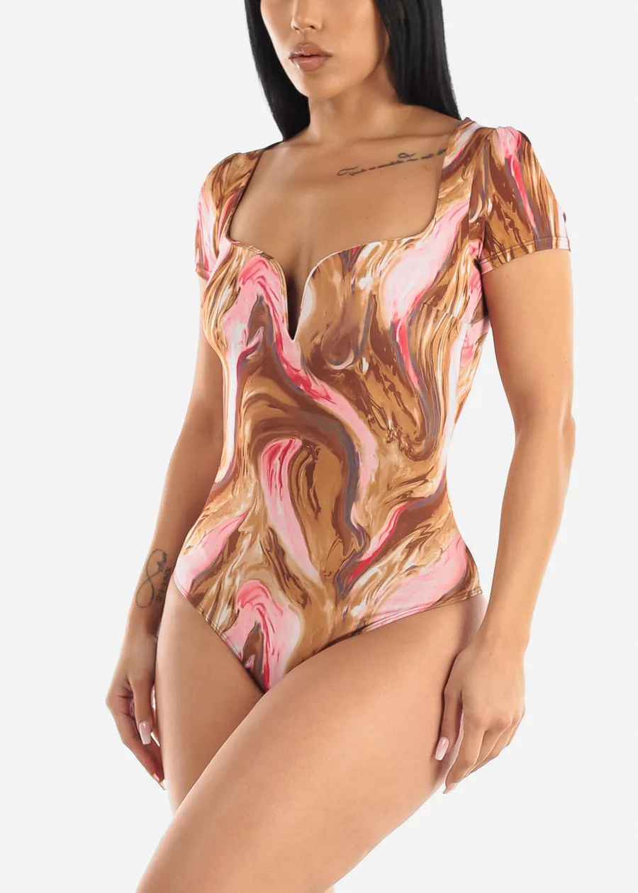 Short Sleeve V Neck Brown Marble Bodysuit sold by Moda