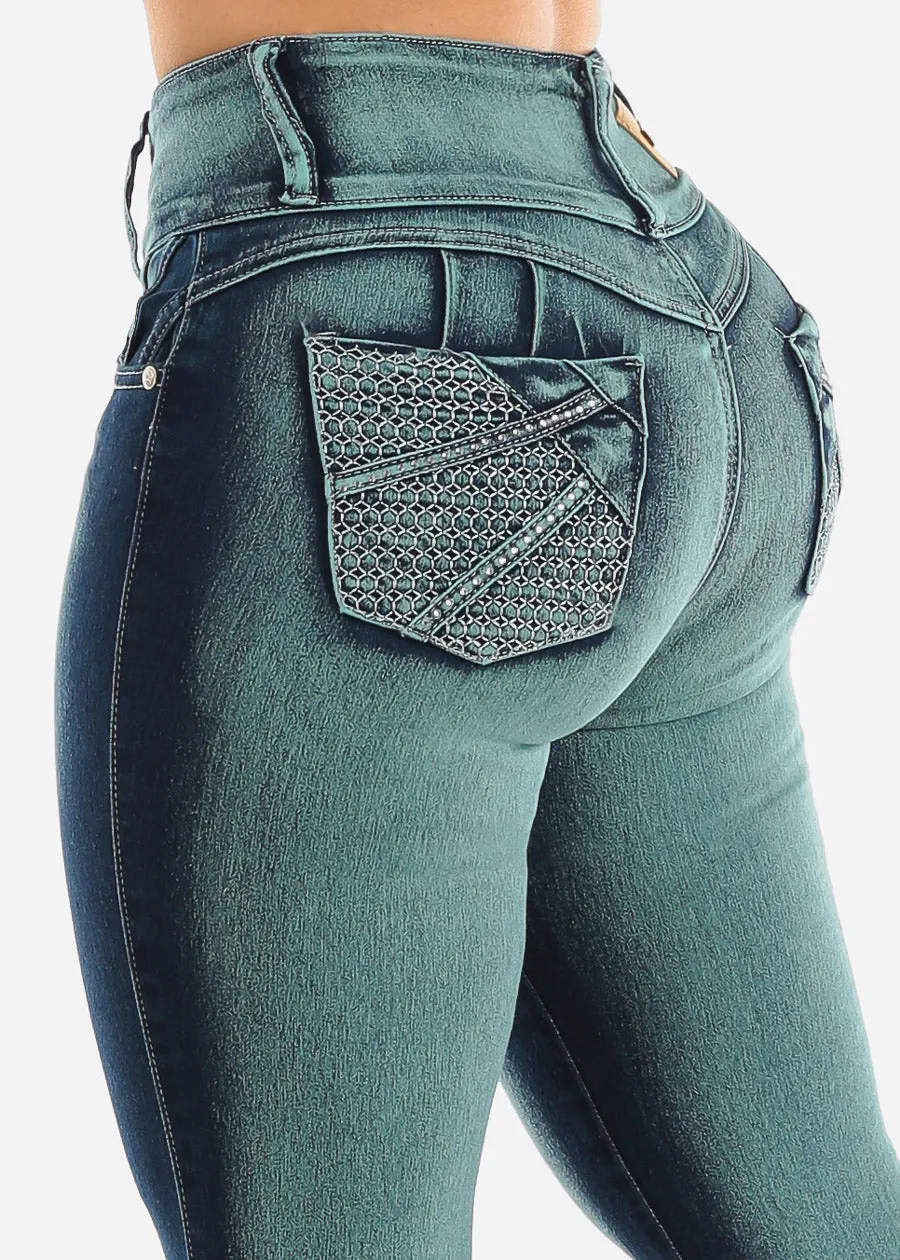 High Waisted Butt Lifting Acid Wash Skinny Jeans Teal sold by Moda