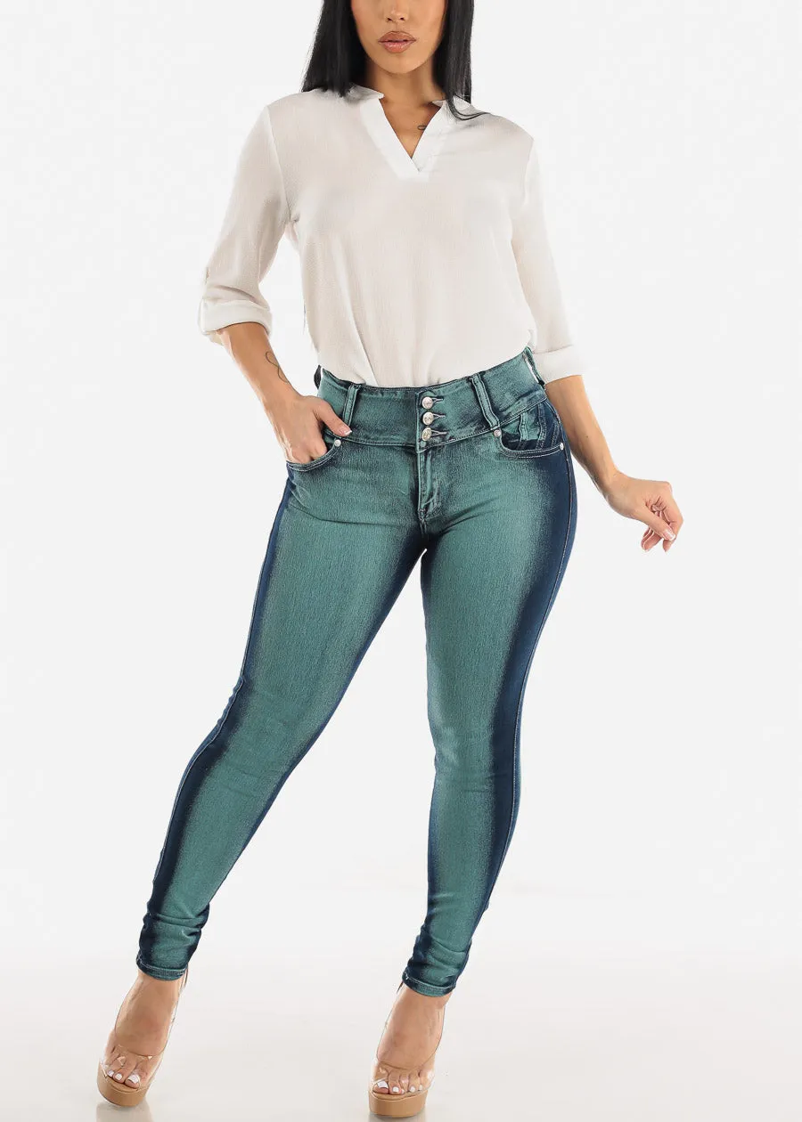 High Waisted Butt Lifting Acid Wash Skinny Jeans Teal sold by Moda product image thumbnail 2