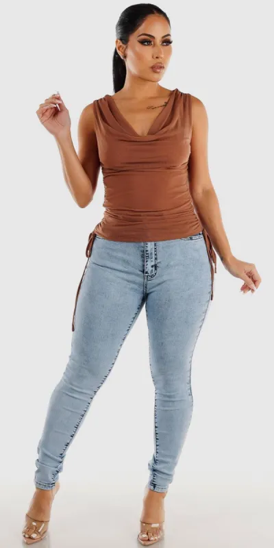 High Waisted Acid Wash Skinny Jeans with Sleeveless Ruched Sides Mesh Top sold by Moda