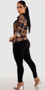 Mid Rise Black Cargo Skinny Pants Sleeveless White Tank Top and Long Sleeve Khaki Plaid Shacket sold by Moda