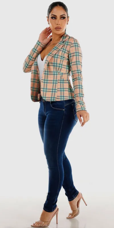 Mid Rise Levantacola Dark Skinny Jeans White Sleeveless Bodysuit and Long Sleeve Plaid Blazer sold by Moda