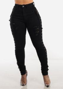 Distressed Black Skinny Jeans with Lace Up Sides sold by Moda