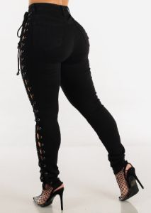 Distressed Black Skinny Jeans with Lace Up Sides sold by Moda