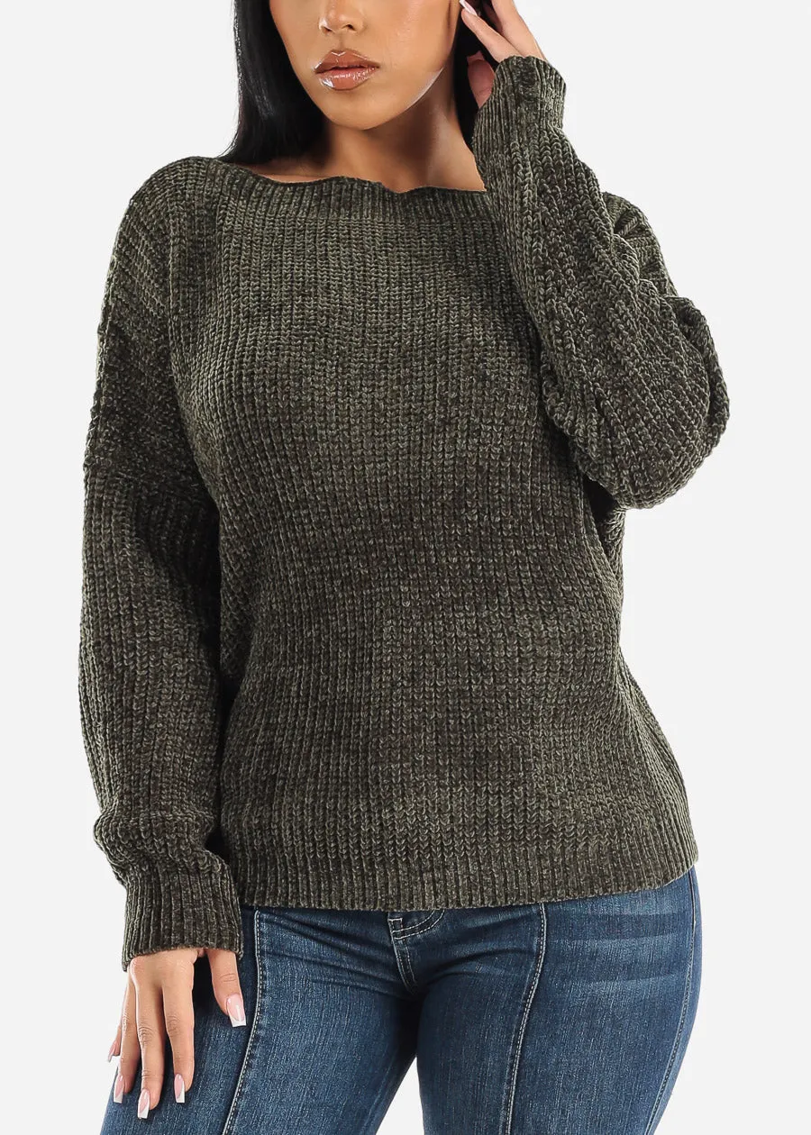 Long Sleeve Soft Knit Boat Neckline Sweater Olive sold by Moda