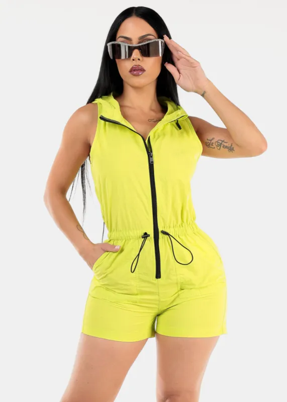Sleeveless Windbreaker Hooded Romper Neon Lime sold by Moda