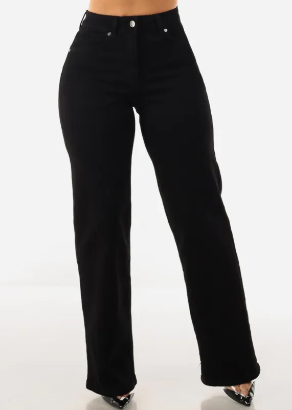 Black High Waist Wide Leg Straight Stretch Jeans sold by Moda