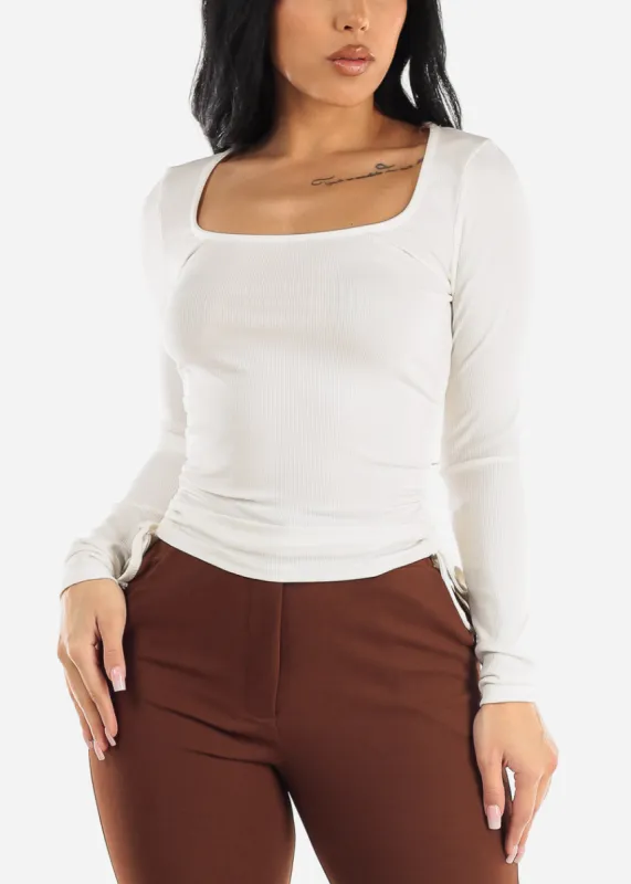 Square Neck Long Sleeve White Ribbed Top w Adjustable Drawstring Sides sold by Moda