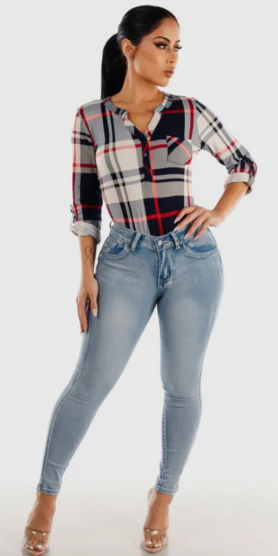Mid Rise Light Acid Wash Skinny Jeans with Long Sleeve half Button Up Plaid Shirt sold by Moda