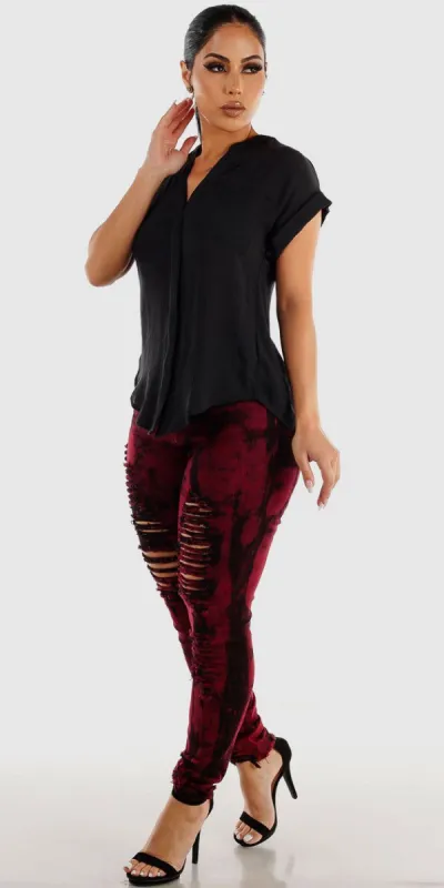 High Rise Distressed Red Acid Wash Skinny Jeans with Short Sleeve Button Up Black Shirt sold by Moda