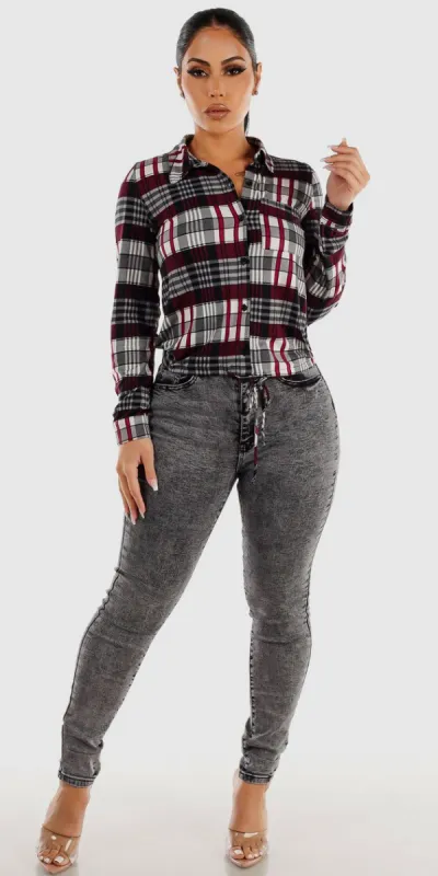 High Waisted Grey Acid Wash Skinny Jeans with Long Sleeve Drawstring Waist Plaid Shirt sold by Moda