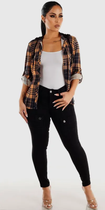Mid Rise Black Cargo Skinny Pants Sleeveless White Tank Top and Long Sleeve Khaki Plaid Shacket sold by Moda