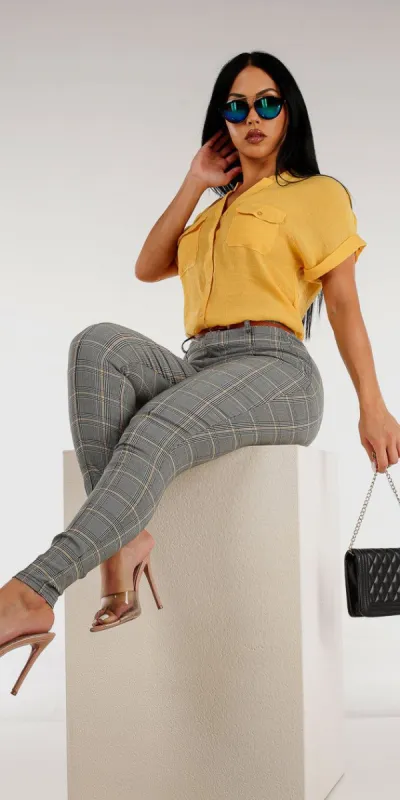 Belted High Waisted Plaid Skinny Pants with Yellow Vneck Button Up Shirt sold by Moda