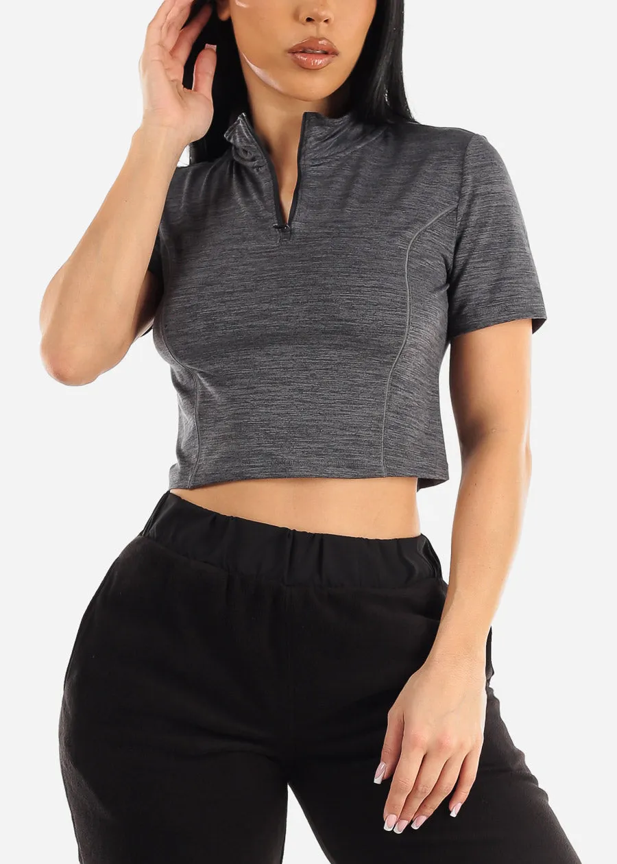 Activewear Short Sleeve Half Zip Up Crop Top Charcoal sold by Moda