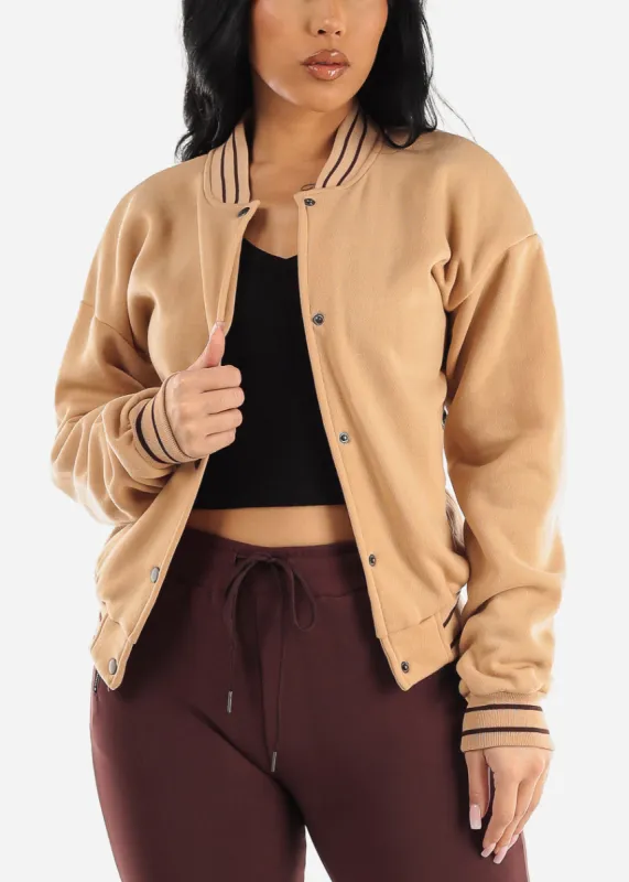 Long Sleeve Varsity Fleece Bomber Jacket Khaki sold by Moda