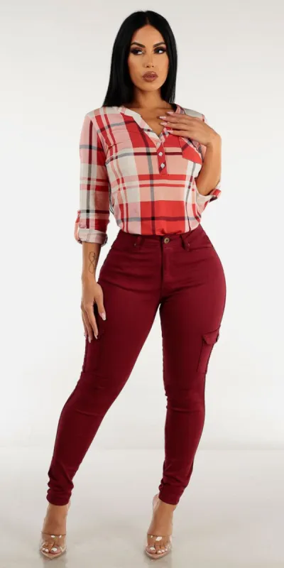 1 Button High Rise Burgundy Cargo Skinny Pants with Half Button Up Plaid Blouse sold by Moda