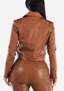 Vegan Leather Zip Up Moto Jacket Camel sold by Moda