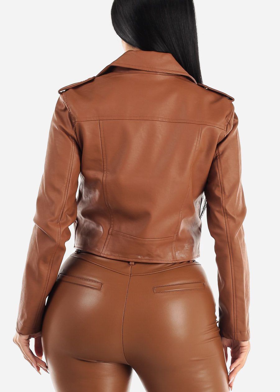 Vegan Leather Zip Up Moto Jacket Camel sold by Moda product image thumbnail 4