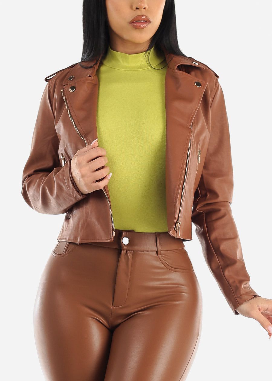 Vegan Leather Zip Up Moto Jacket Camel sold by Moda