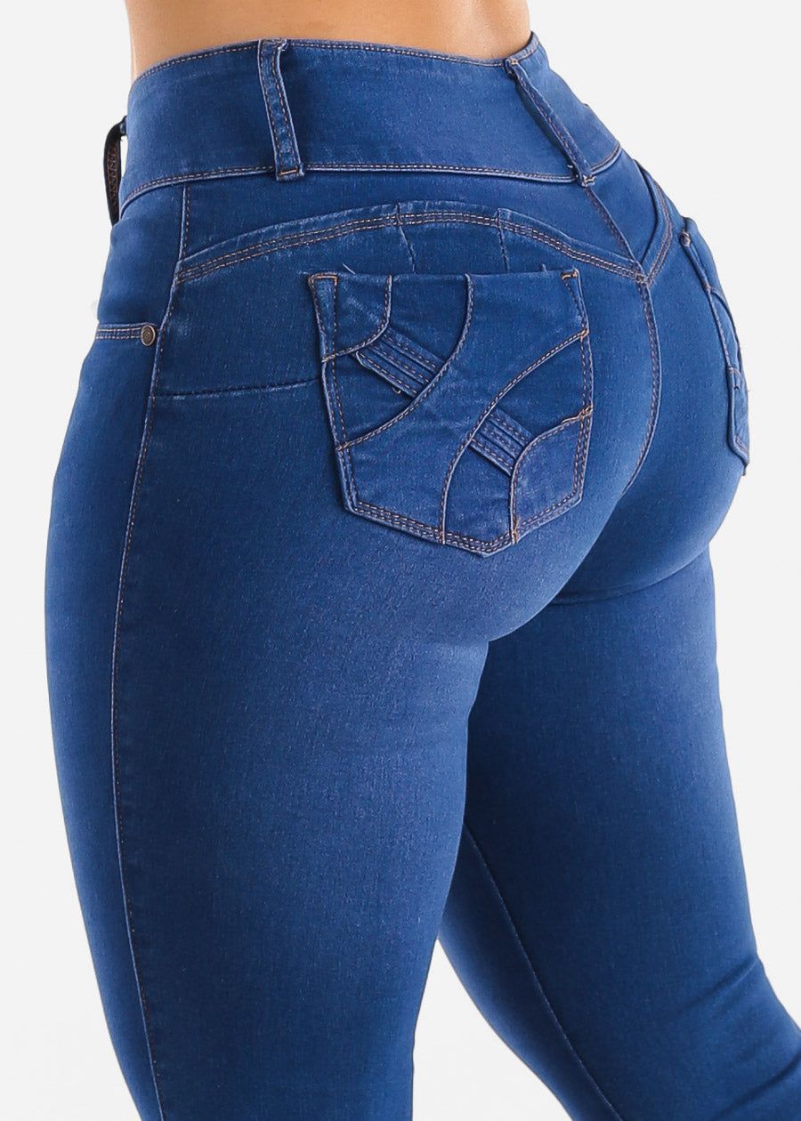 3 Button Mid Rise Levantacola Skinny Jeans Royal Blue sold by Moda