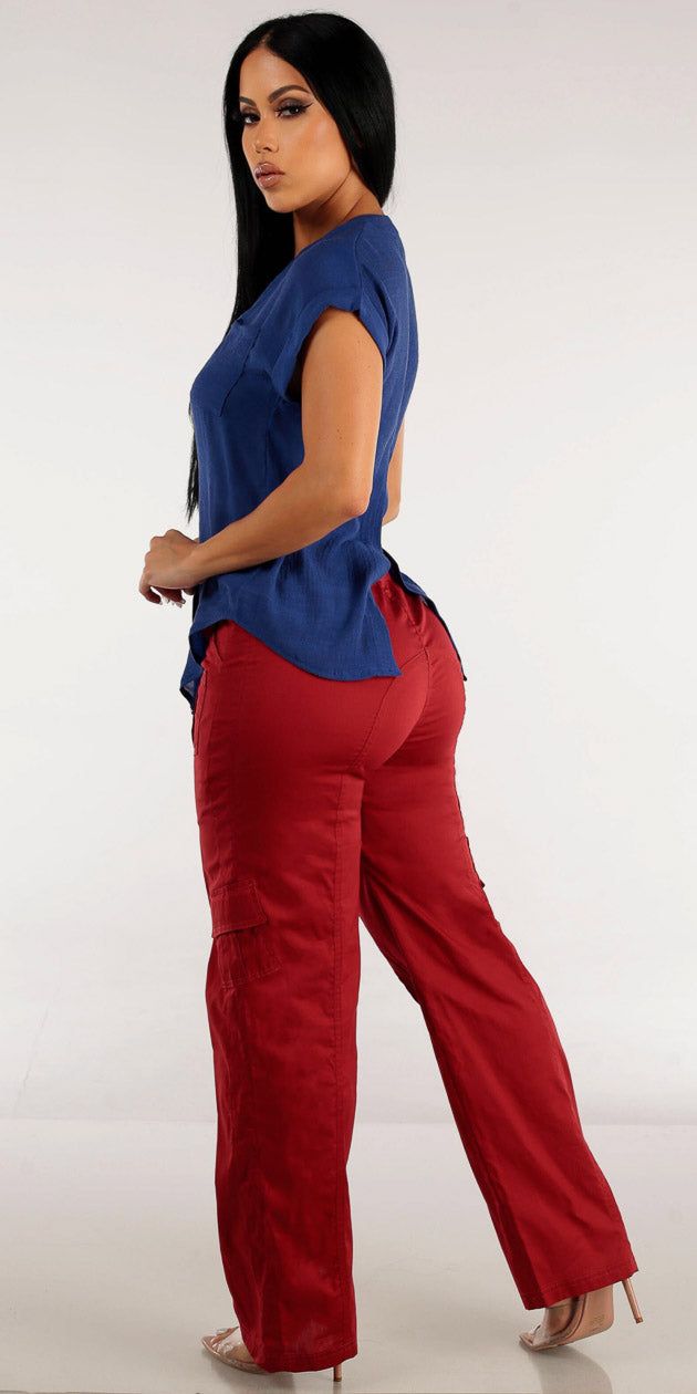 Brick Wide Legged Cargo Pants with Blue Vneck Button Up Shirt sold by Moda product image thumbnail 2