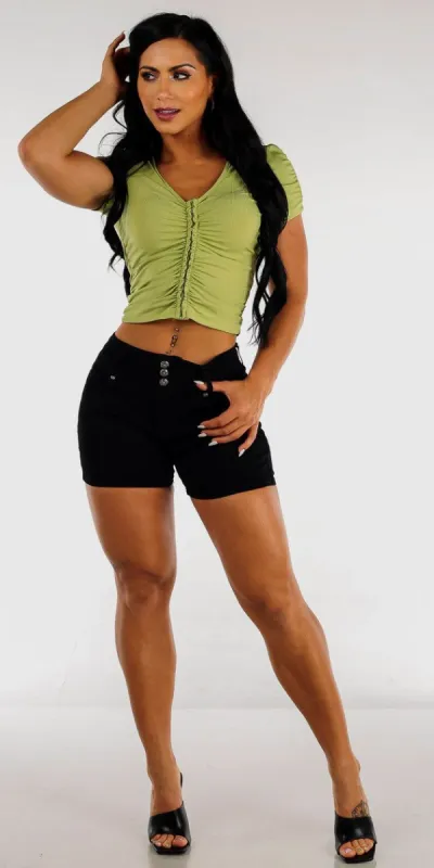Black Butt Lifting Denim Shorts with Light Green Short Sleeve Ruched Top sold by Moda
