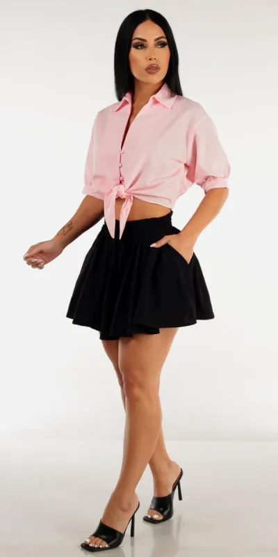 Black High Waist Paperbag Flared Shorts with Pink Tie Front Button Up Crop Top sold by Moda
