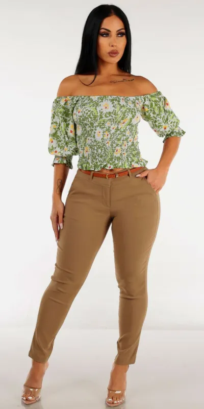Belted Khaki Mid Rise Dressy Skinny Pants with Green Off Shoulder Floral Top sold by Moda