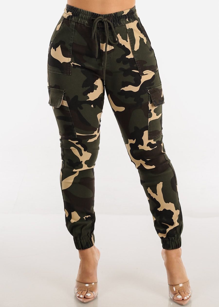 High Waist Drawstring Hyper Stretch Camo Cargo Joggers sold by Moda
