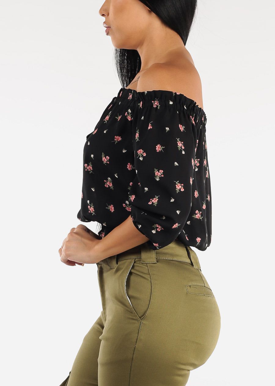Off Shoulder Smocked Waist Floral Top Black sold by Moda product image thumbnail 3