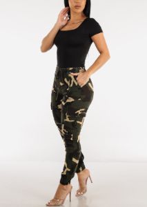 High Waist Drawstring Hyper Stretch Camo Cargo Joggers sold by Moda