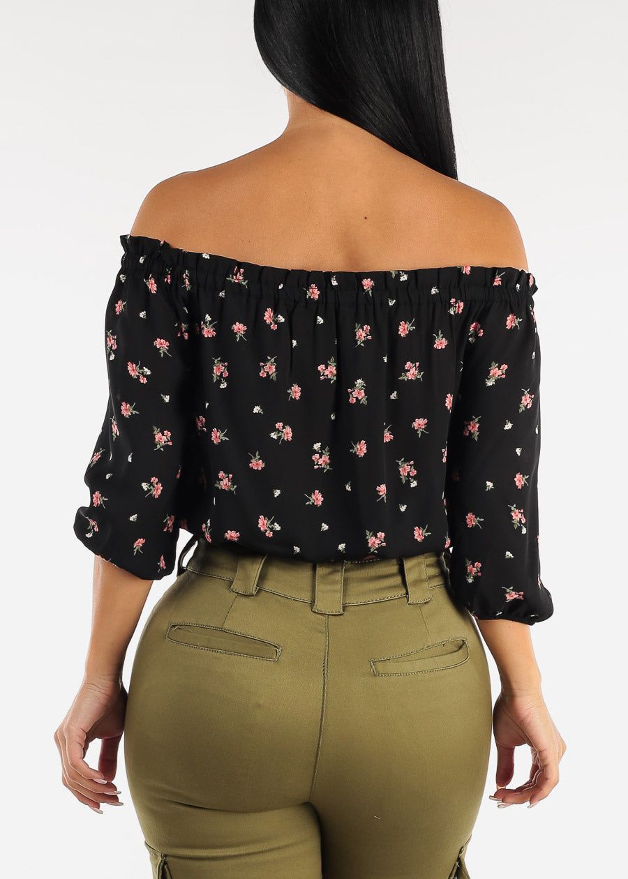 Off Shoulder Smocked Waist Floral Top Black sold by Moda product image thumbnail 4