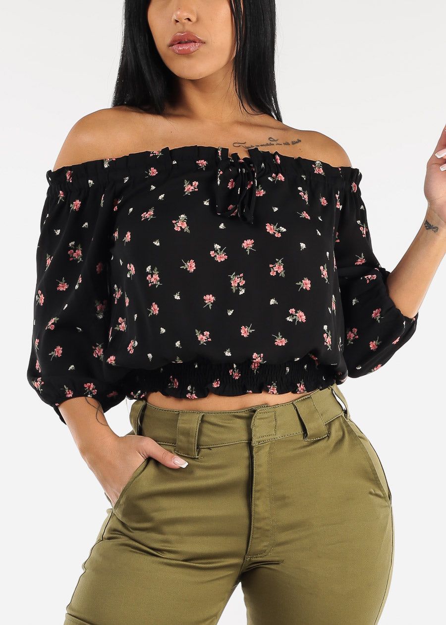 Off Shoulder Smocked Waist Floral Top Black sold by Moda