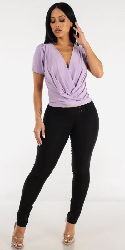 Black Low Rise Dressy Skinny Pants with Lilac Short Sleeve Surplice Blouse sold by Moda