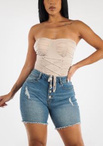 Nude Strapless Thong Bodysuit w Lace Up Front sold by Moda
