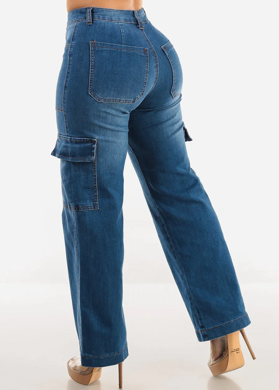 Butt Lift Straight Wide Leg Cargo Jeans Indigo sold by Moda
