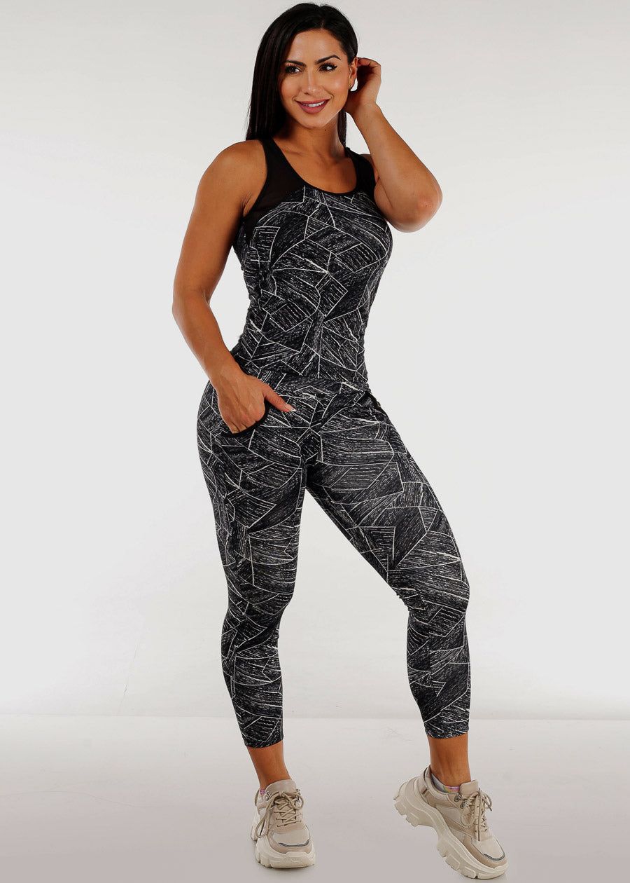 Activewear Printed Sleeveless Tank Top & Leggings Black (2 PCE SET) sold by Moda