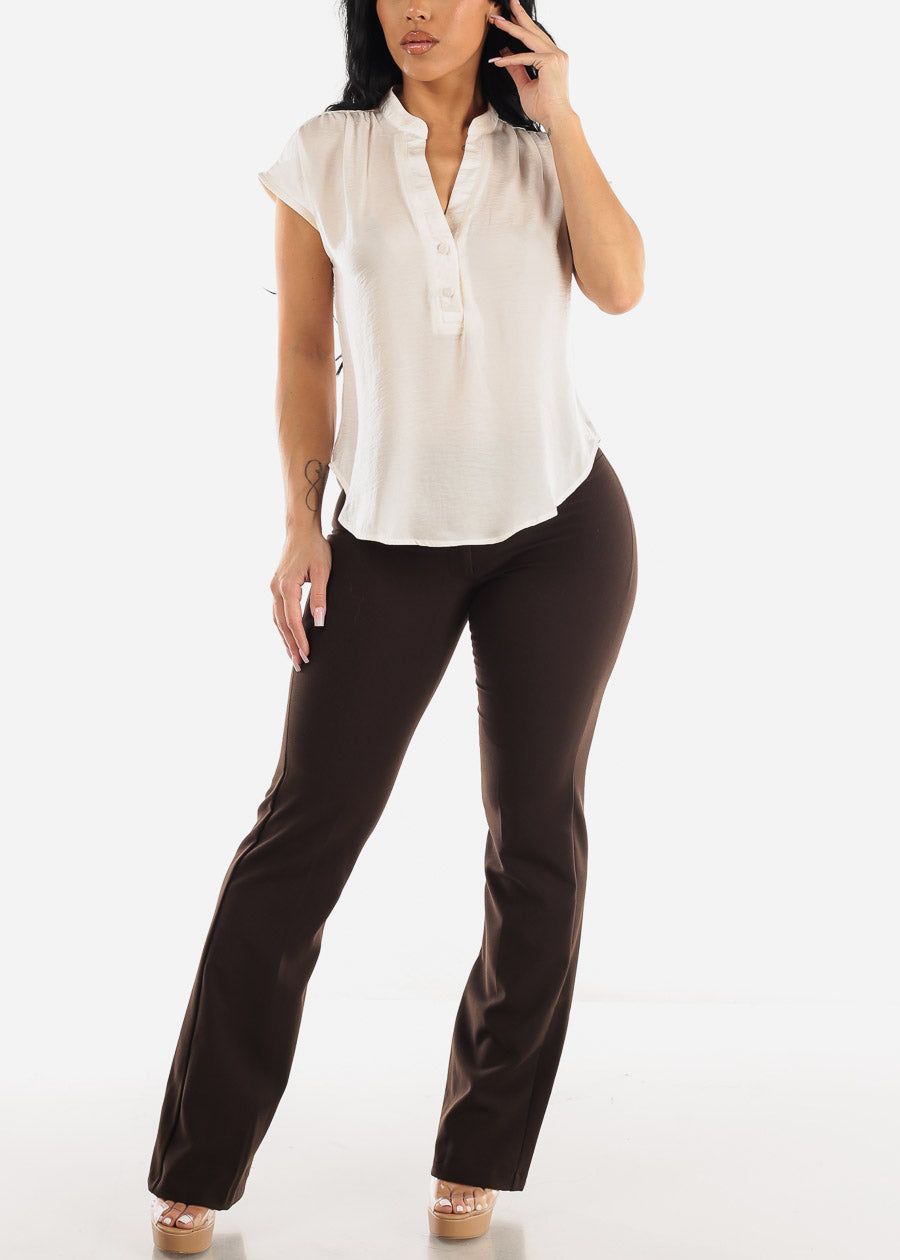 Short Sleeve Half Button Up Round Hem Blouse Cream sold by Moda product image thumbnail 2