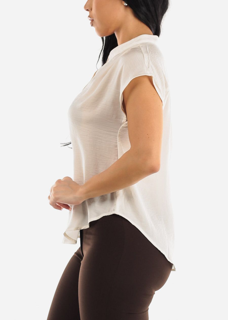 Short Sleeve Half Button Up Round Hem Blouse Cream sold by Moda product image thumbnail 3