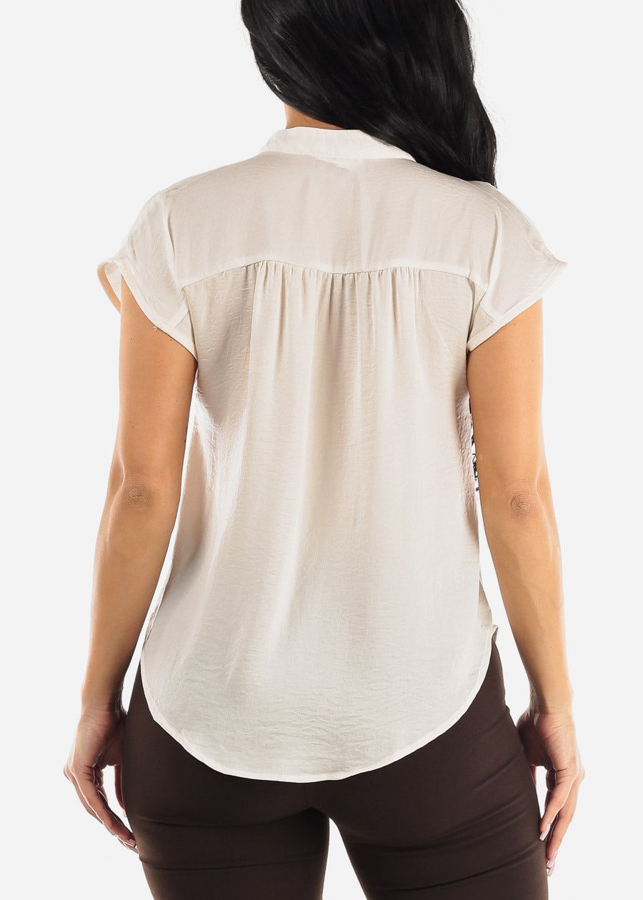 Short Sleeve Half Button Up Round Hem Blouse Cream sold by Moda product image thumbnail 4