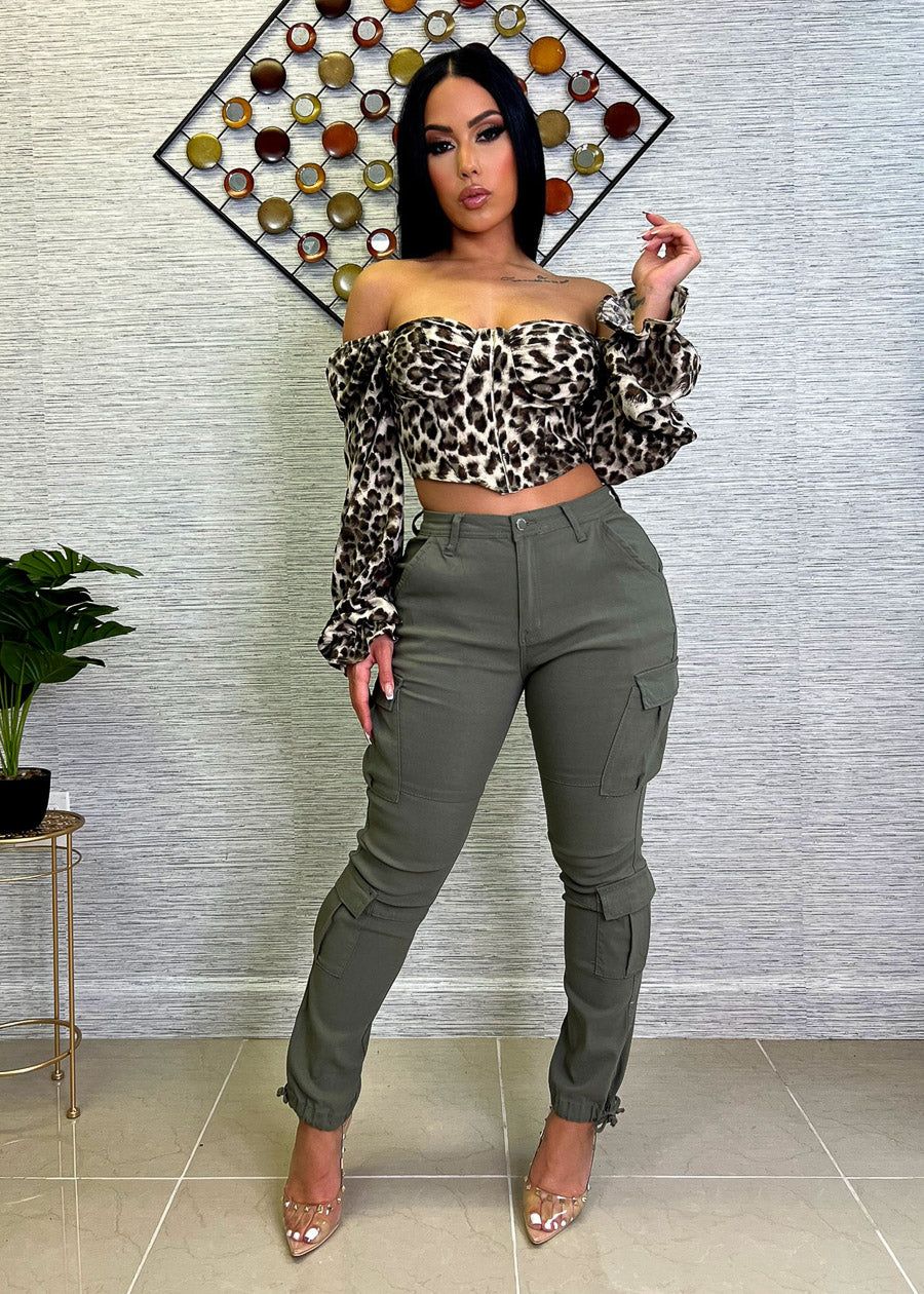 High Rise Hyper Stretch Olive Cargo Pants sold by Moda product image thumbnail 2