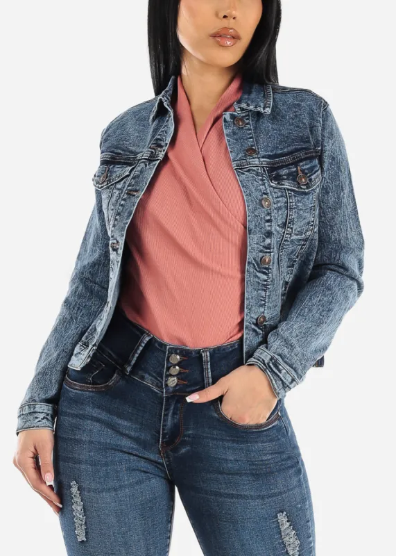 Long Sleeve Acid Wash Button Up Denim Jacket sold by Moda
