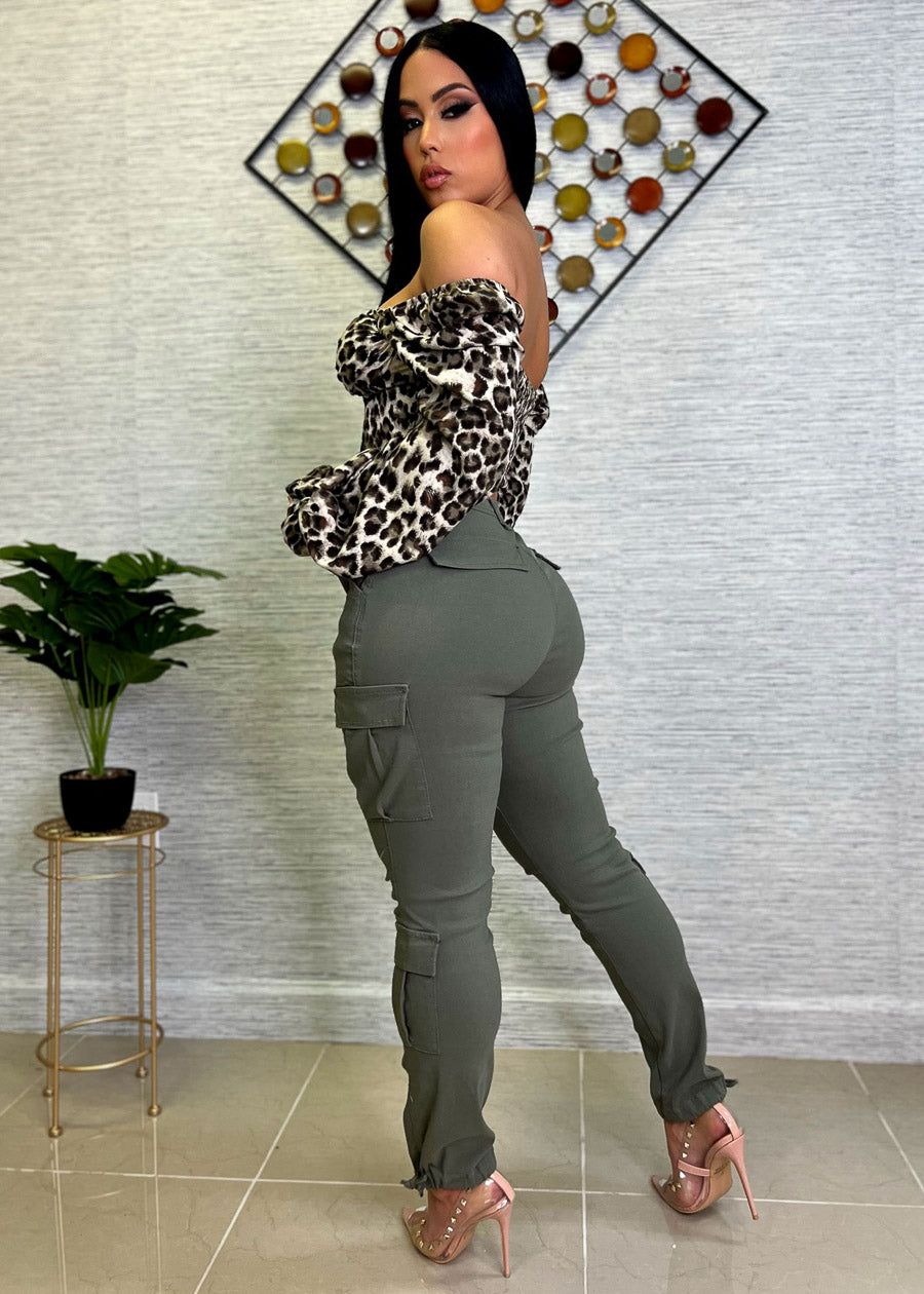 High Rise Hyper Stretch Olive Cargo Pants sold by Moda product image thumbnail 3