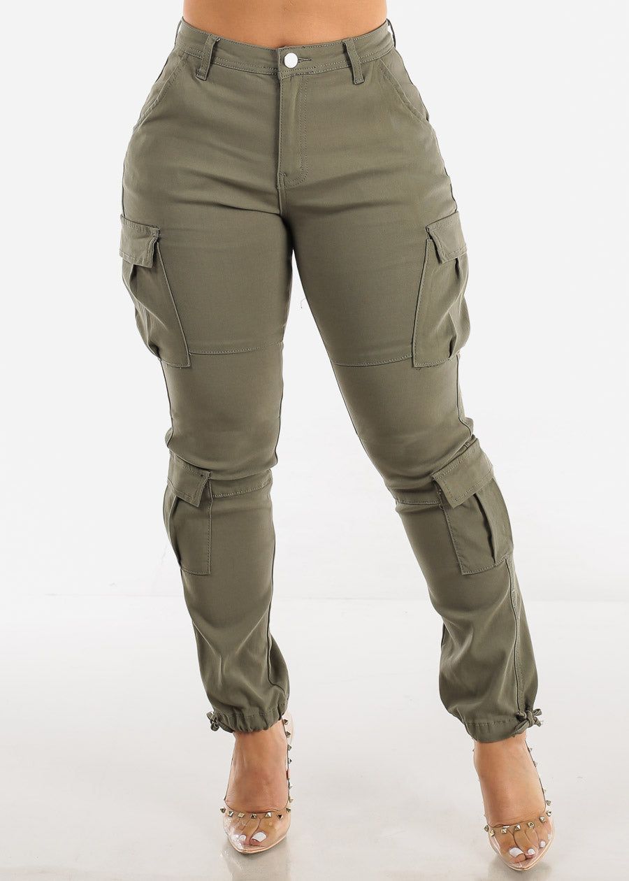 High Rise Hyper Stretch Olive Cargo Pants sold by Moda