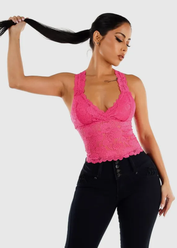 Vneck Floral Lace Racerback Top Fuchsia sold by Moda