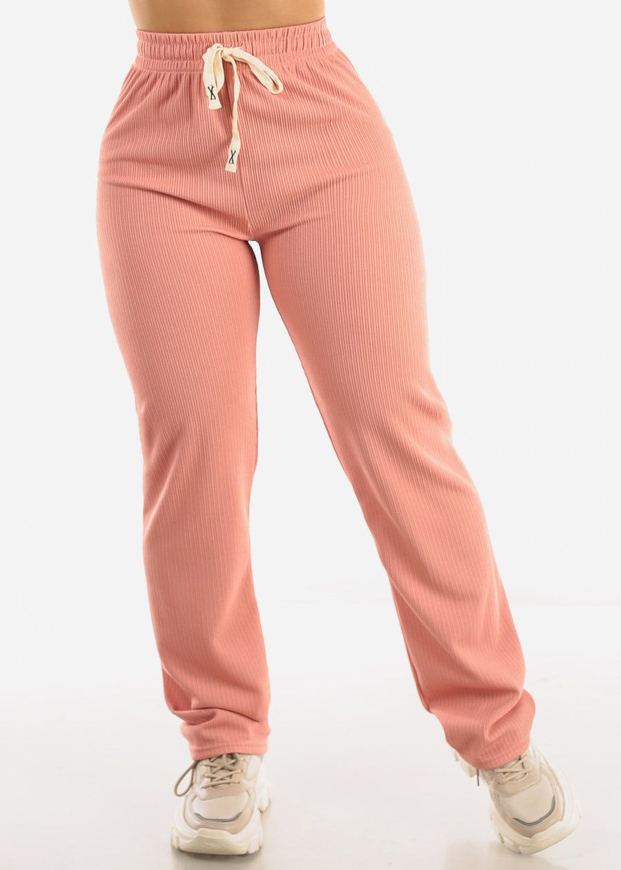 High Drawstring Waist Rib Knit Straight Leg Pants Pink sold by Moda