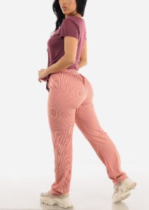 High Drawstring Waist Rib Knit Straight Leg Pants Pink sold by Moda